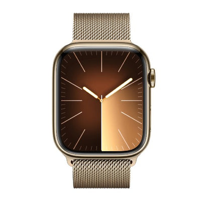 Apple Watch Series 9 [GPS + Cellular 45mm] Smartwatch with Gold Stainless steel Case with Gold Milanese Loop One Size.